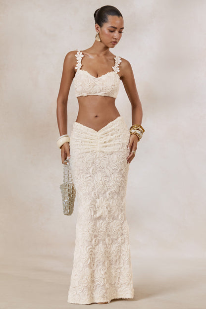 Arlina | White Lace Maxi Skirt With Gathered Detailing