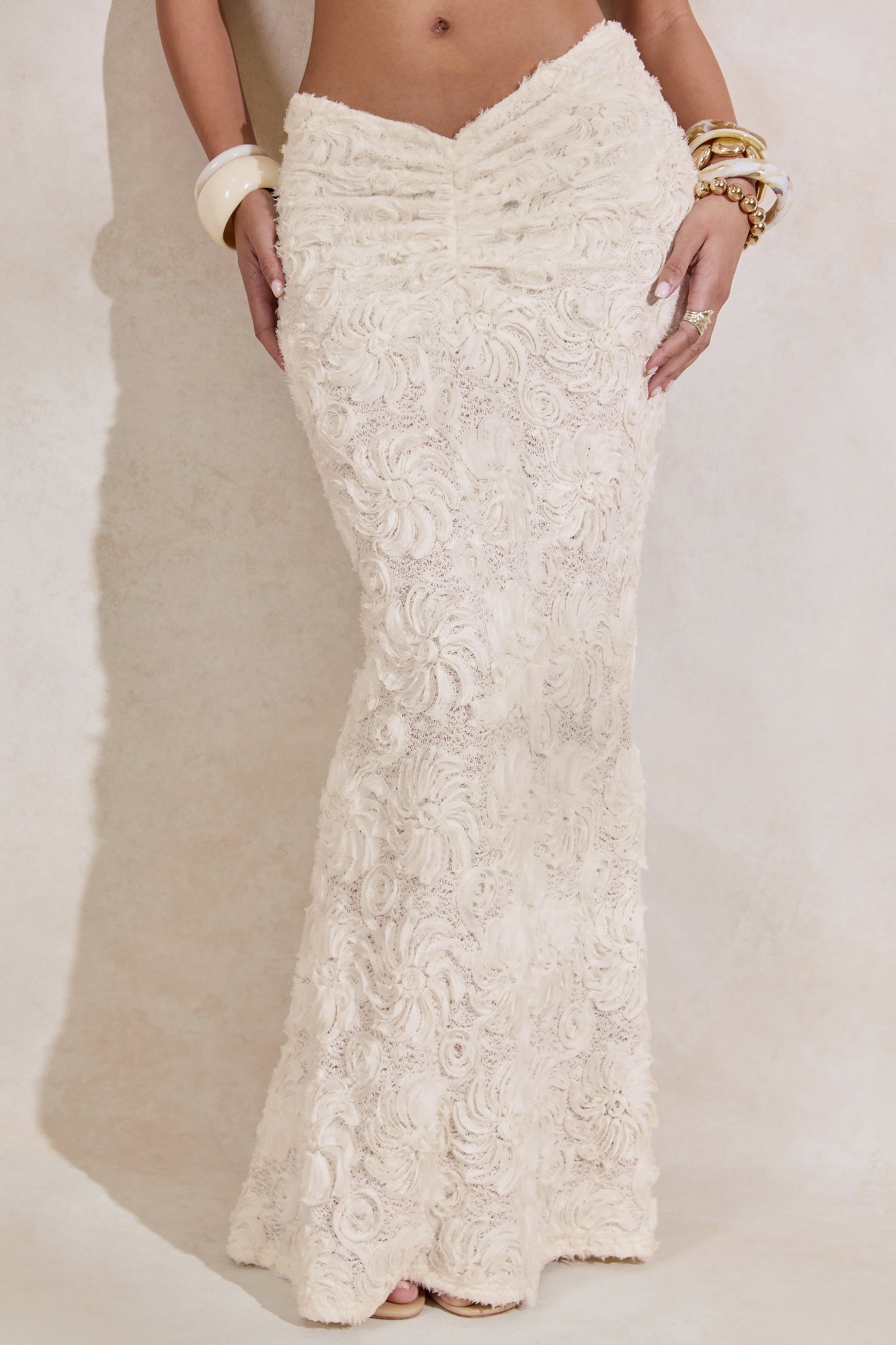 Arlina | White Lace Maxi Skirt With Gathered Detailing
