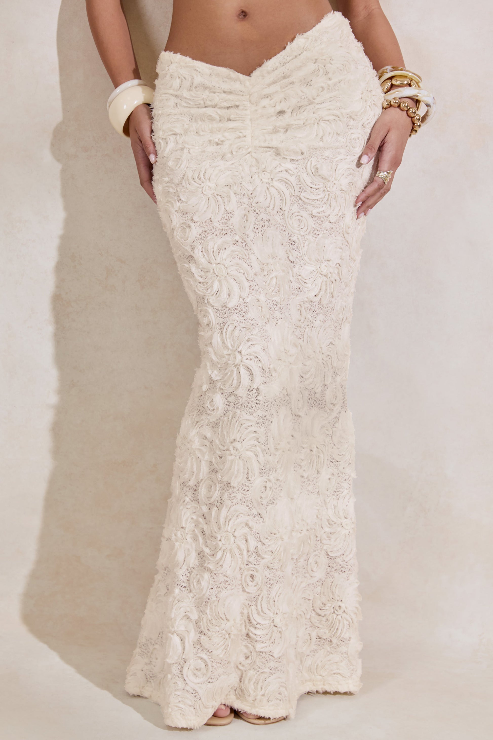 Arlina | White Lace Maxi Skirt With Gathered Detailing