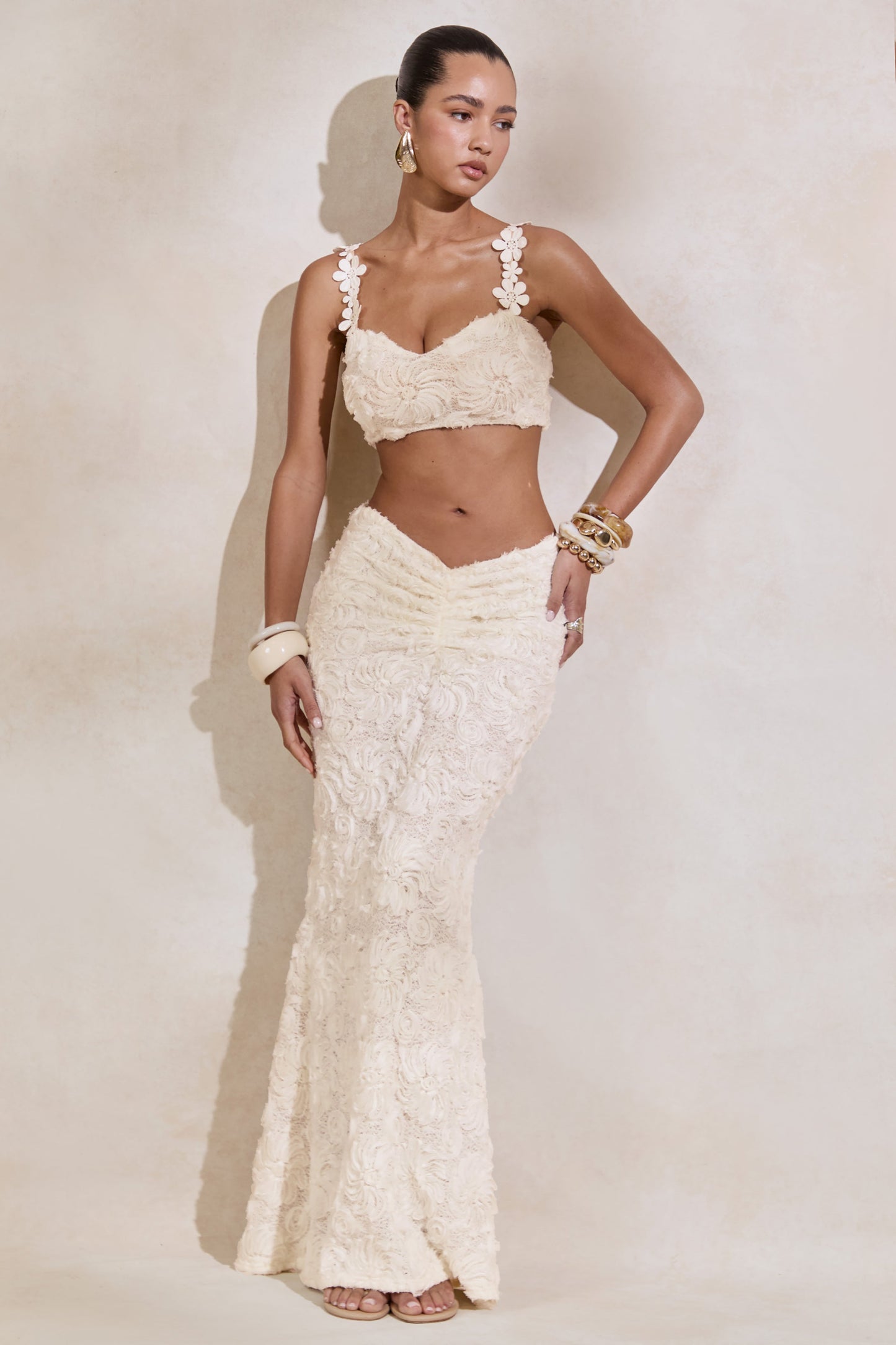 Arlina | White Lace Maxi Skirt With Gathered Detailing
