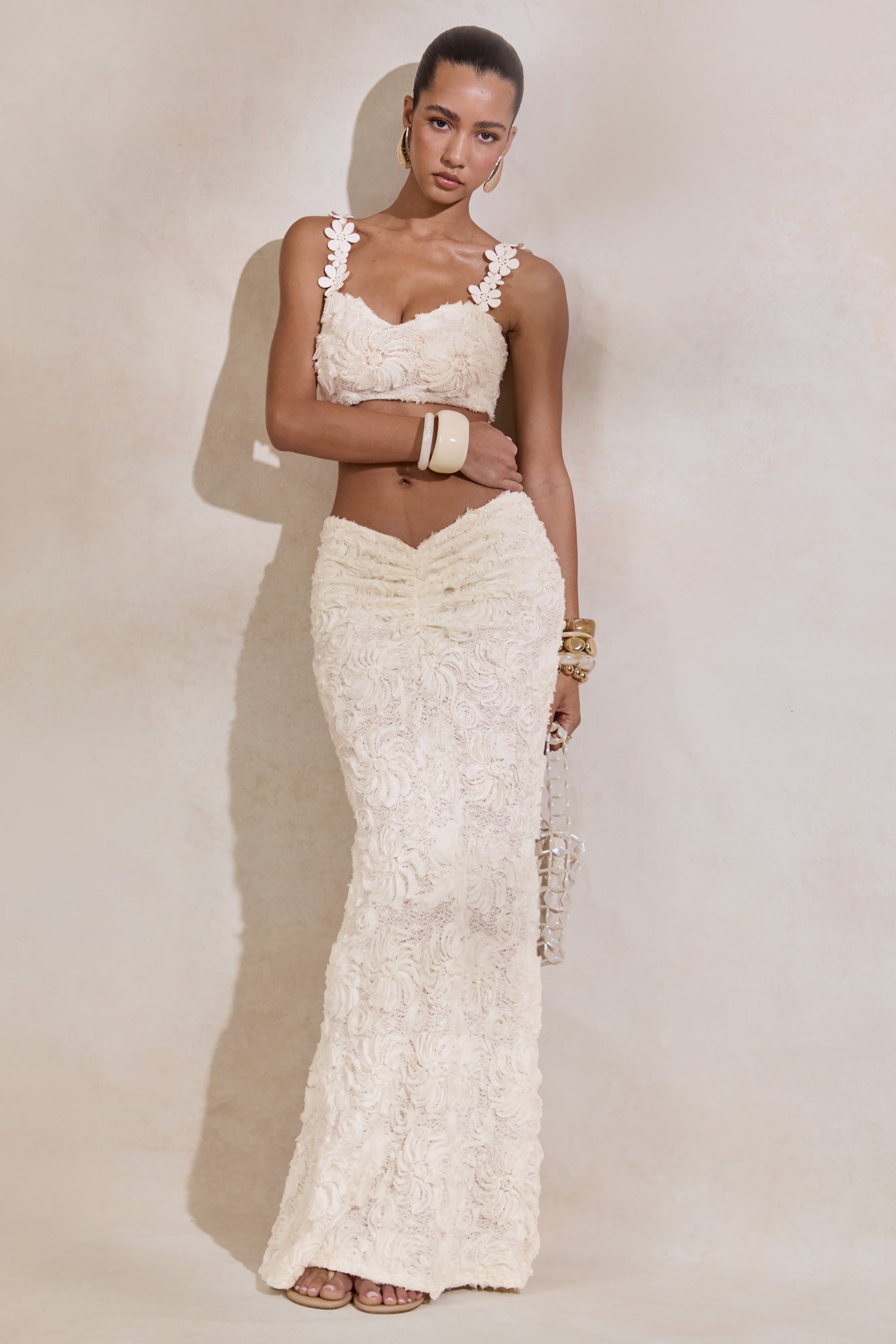 Arlina | White Lace Maxi Skirt With Gathered Detailing