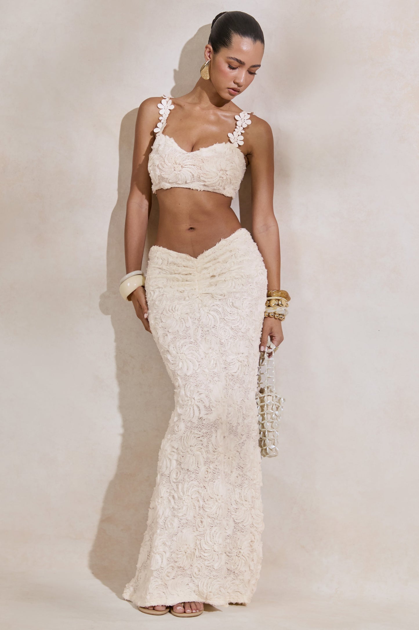 Arlina | White Lace Maxi Skirt With Gathered Detailing