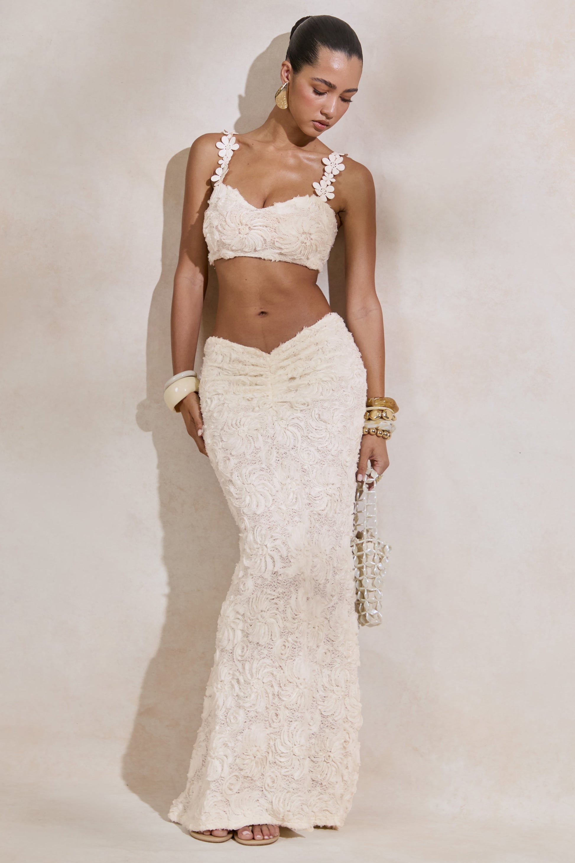 Arlina | White Lace Maxi Skirt With Gathered Detailing