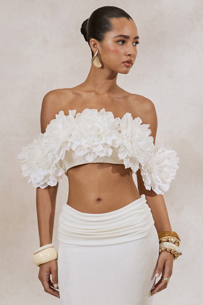 Arwenne | White Bardot-Neck Crop-Top With Corsage Detailing