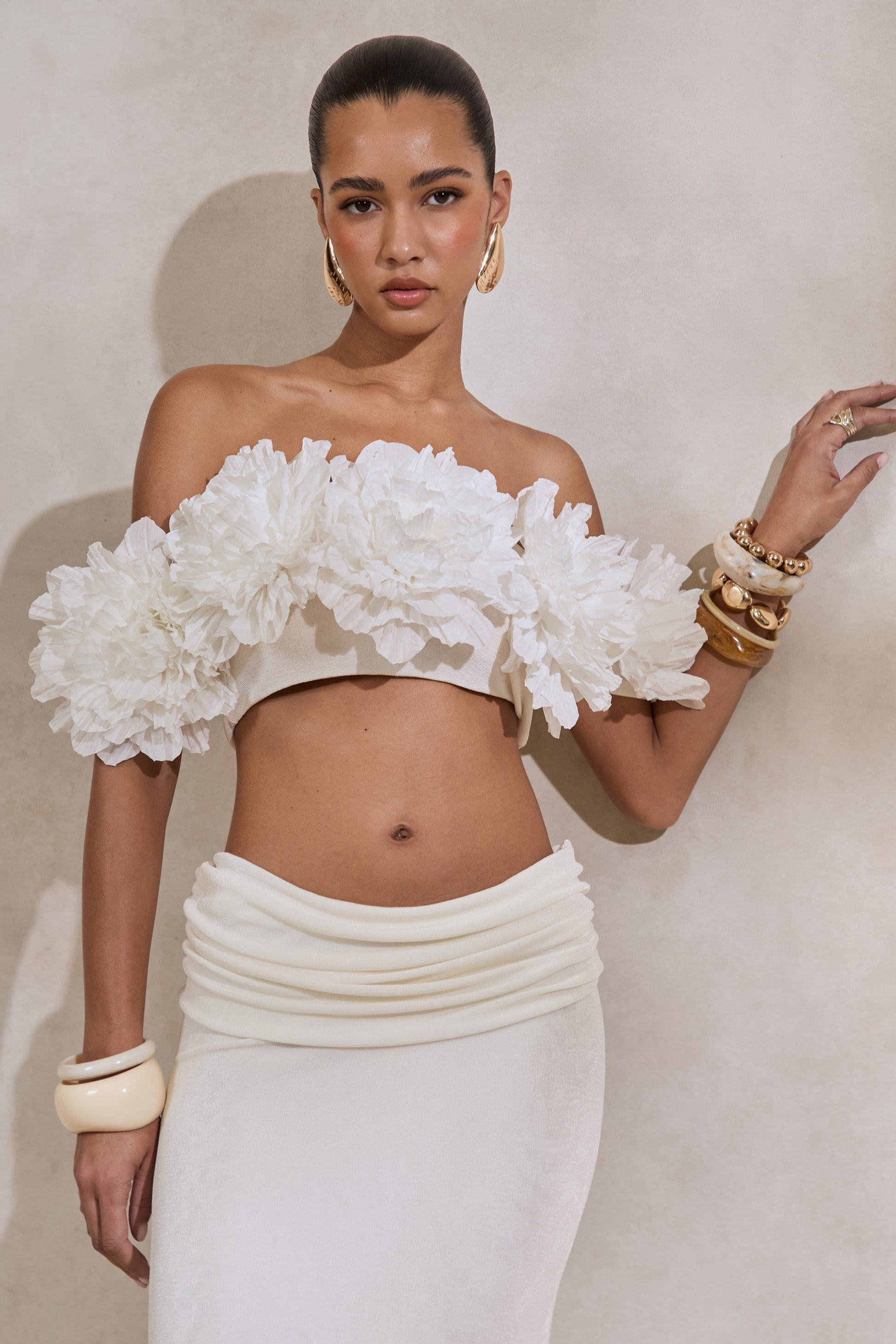 Arwenne | White Bardot-Neck Crop-Top With Corsage Detailing