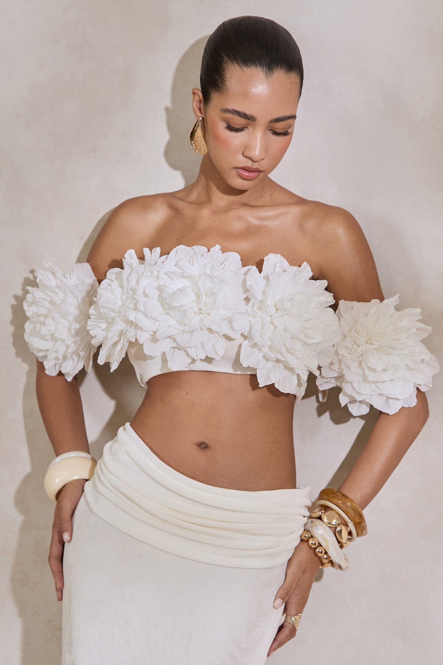 Arwenne | White Bardot-Neck Crop-Top With Corsage Detailing