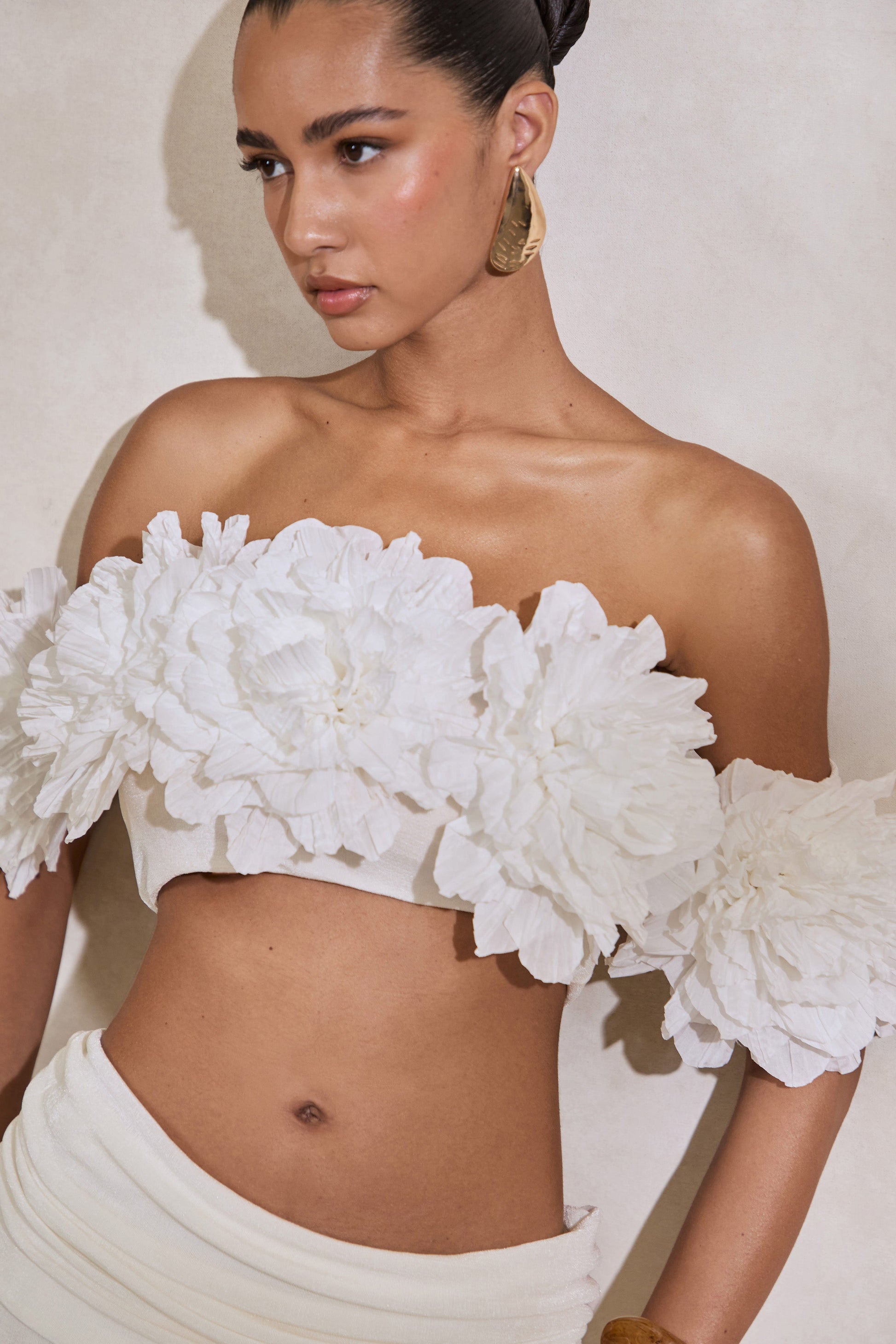 Arwenne | White Bardot-Neck Crop-Top With Corsage Detailing