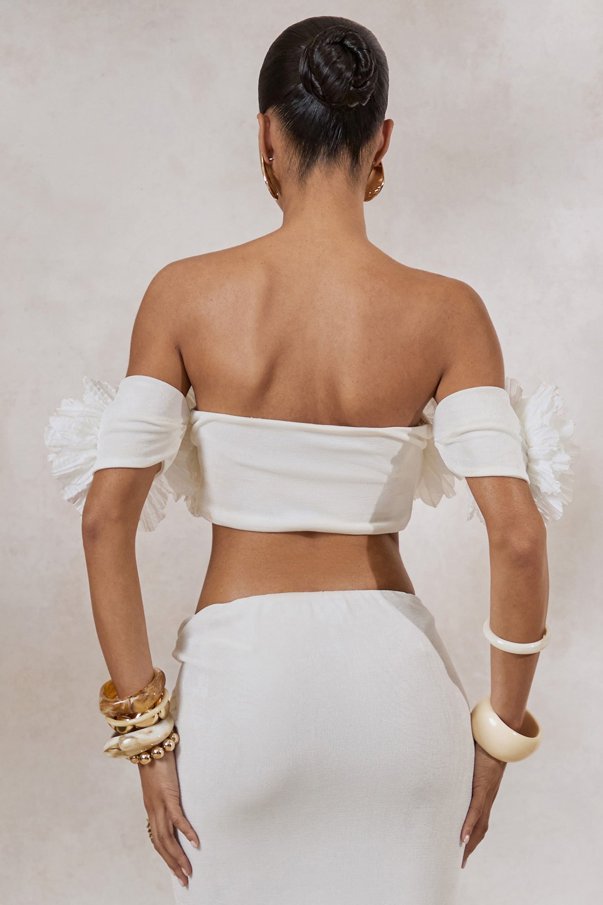 Arwenne | White Bardot-Neck Crop-Top With Corsage Detailing
