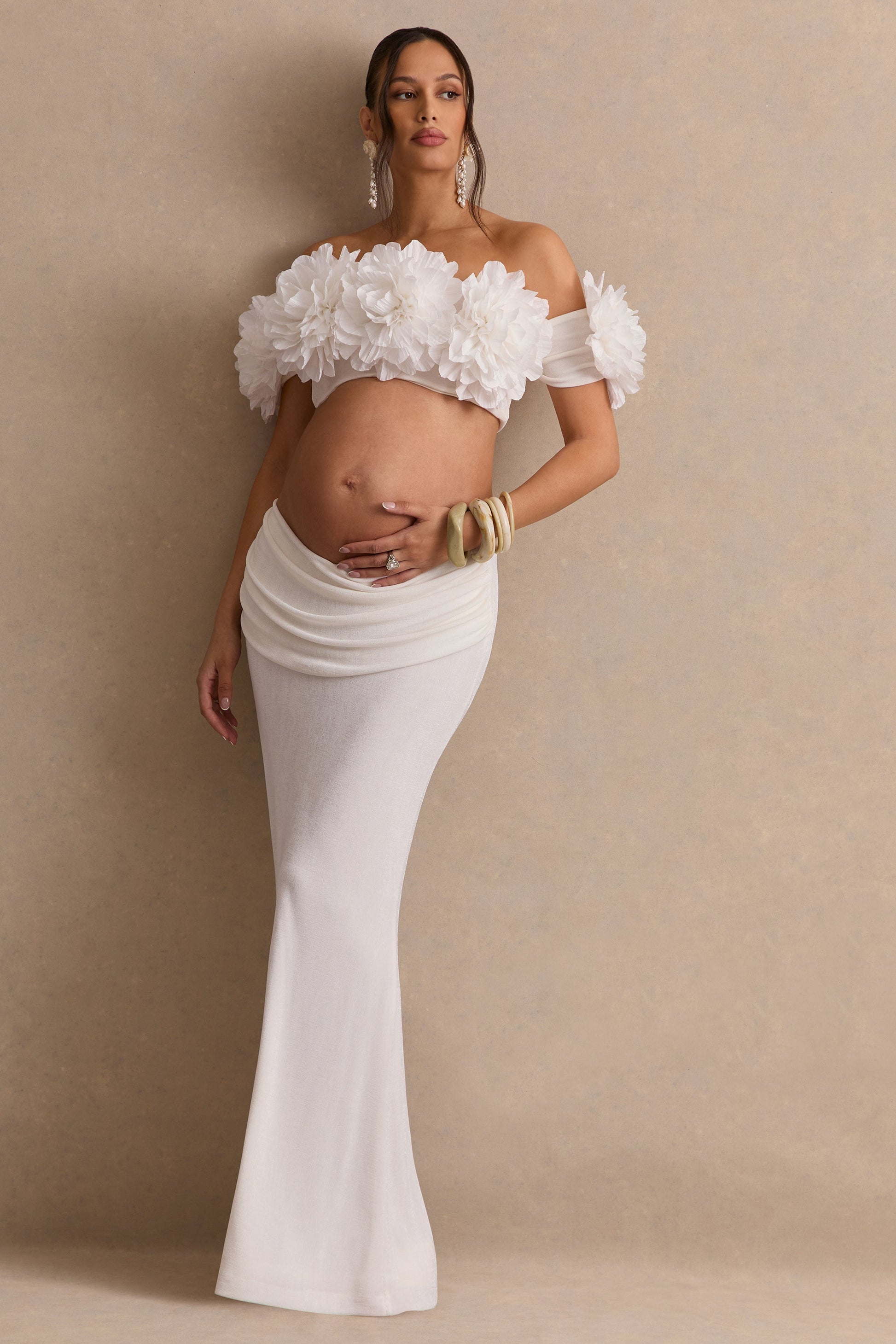 Arwenne | White Bardot-Neck Crop-Top With Corsage Detailing