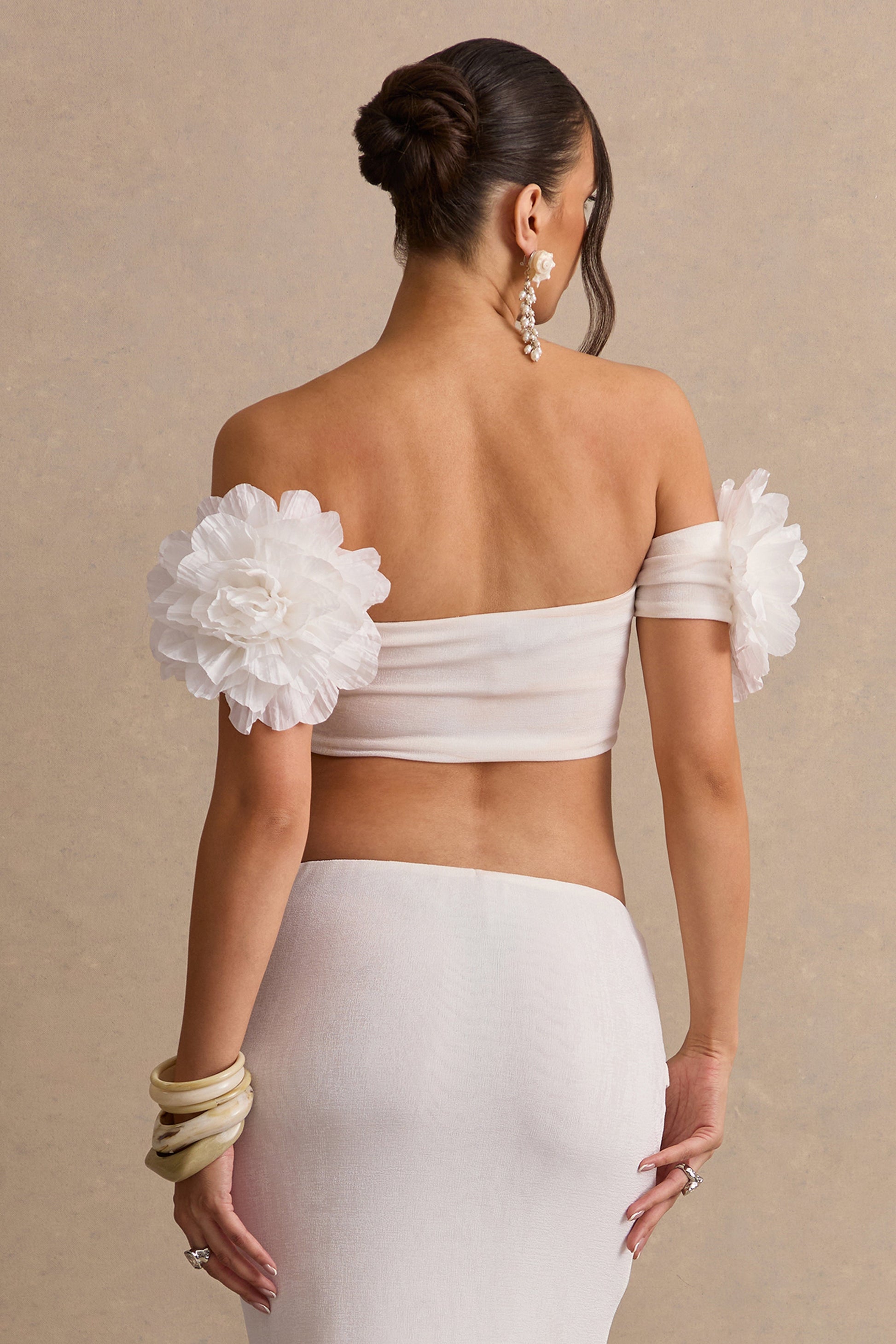 Arwenne | White Bardot-Neck Crop-Top With Corsage Detailing