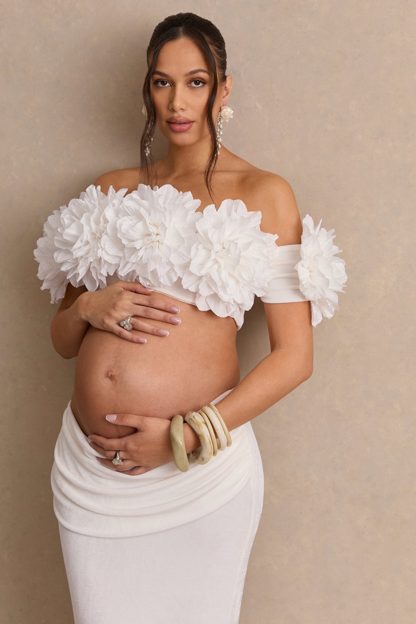 Arwenne | White Bardot-Neck Crop-Top With Corsage Detailing