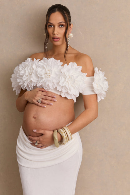 Arwenne | White Bardot-Neck Crop-Top With Corsage Detailing