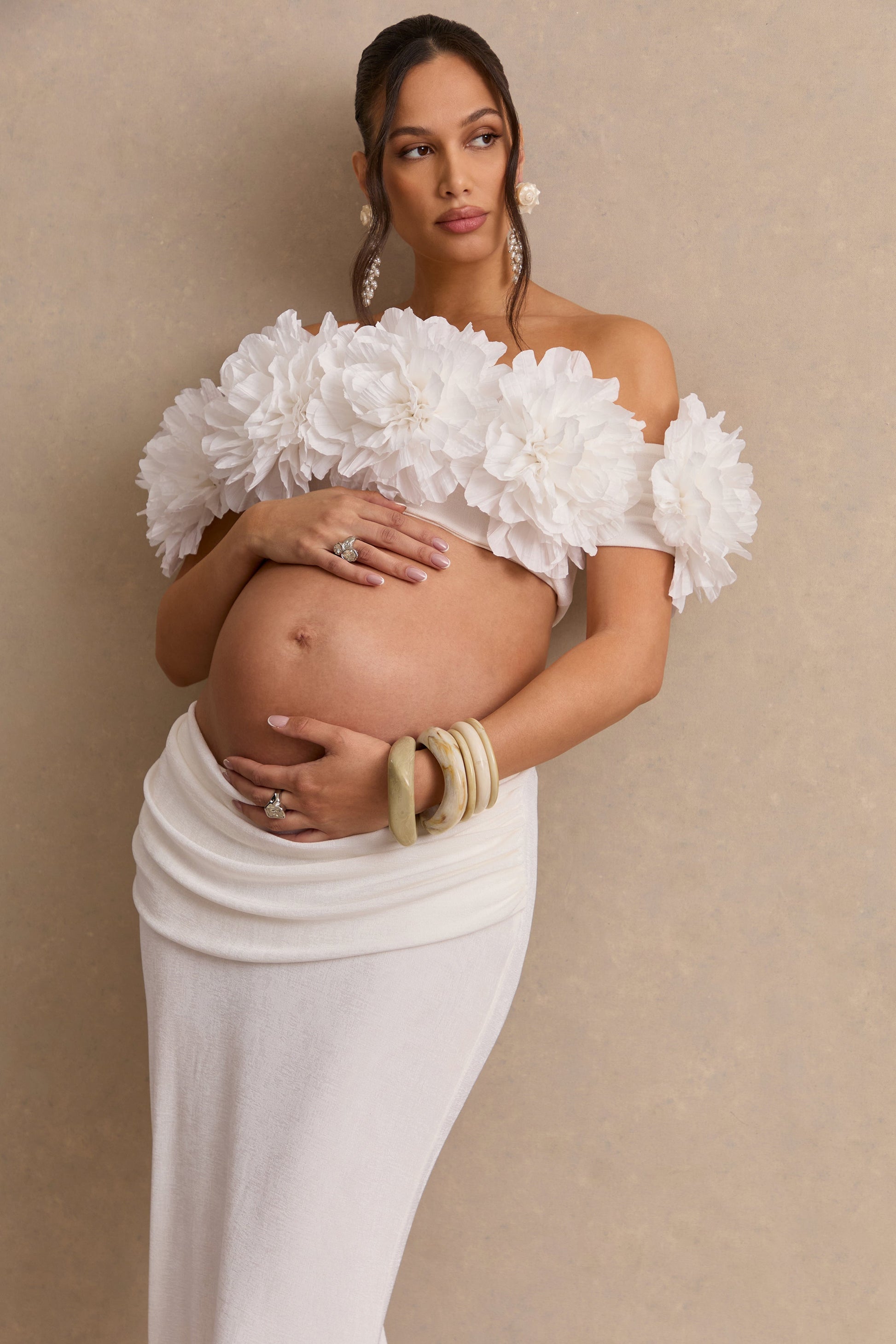 Arwenne | White Bardot-Neck Crop-Top With Corsage Detailing
