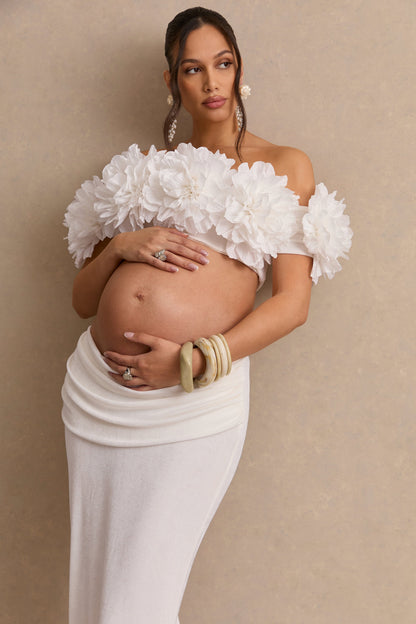 Arwenne | White Bardot-Neck Crop-Top With Corsage Detailing