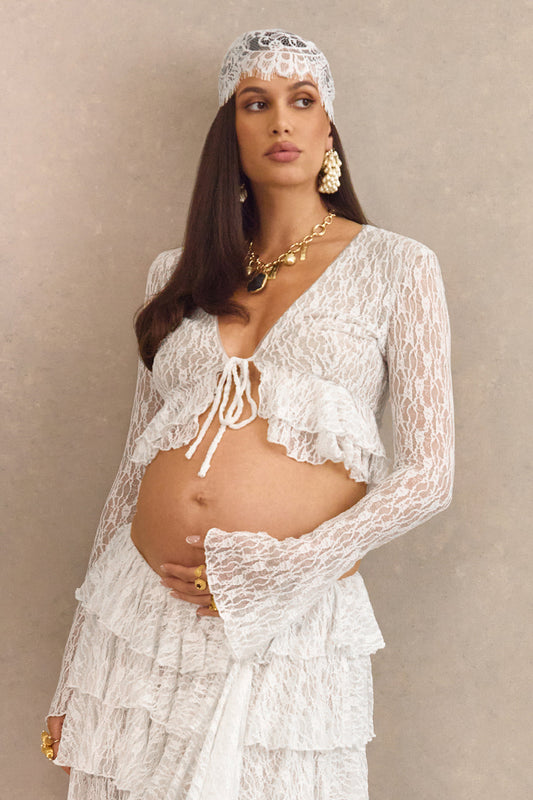 Astella | White Lace Plunge-Neck Top With Ruffled Trim