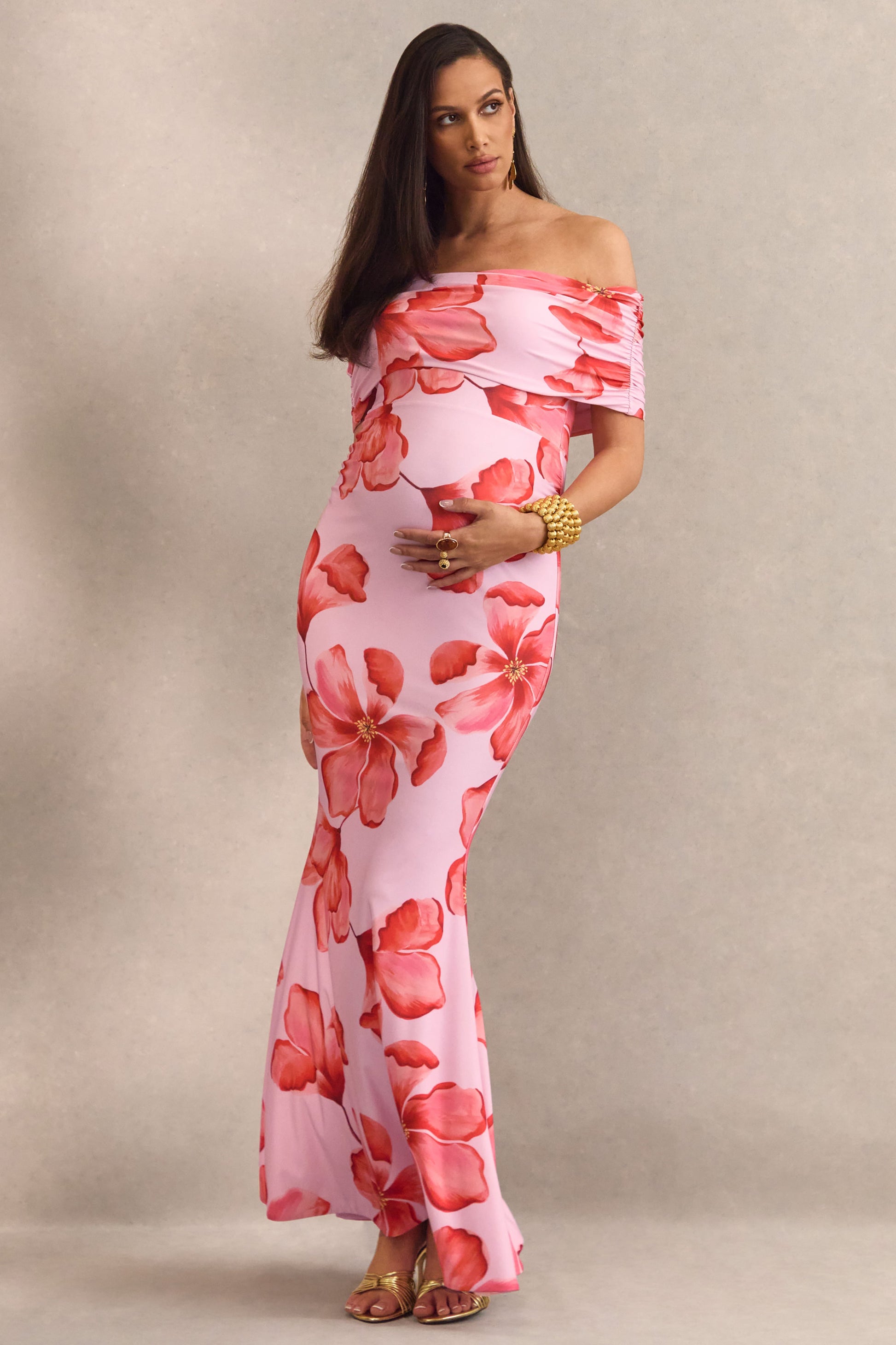 Dalisay | Pink Floral Print Bardot-Neck Maternity Maxi Dress