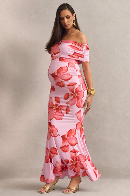 Dalisay | Pink Floral Print Bardot-Neck Maternity Maxi Dress