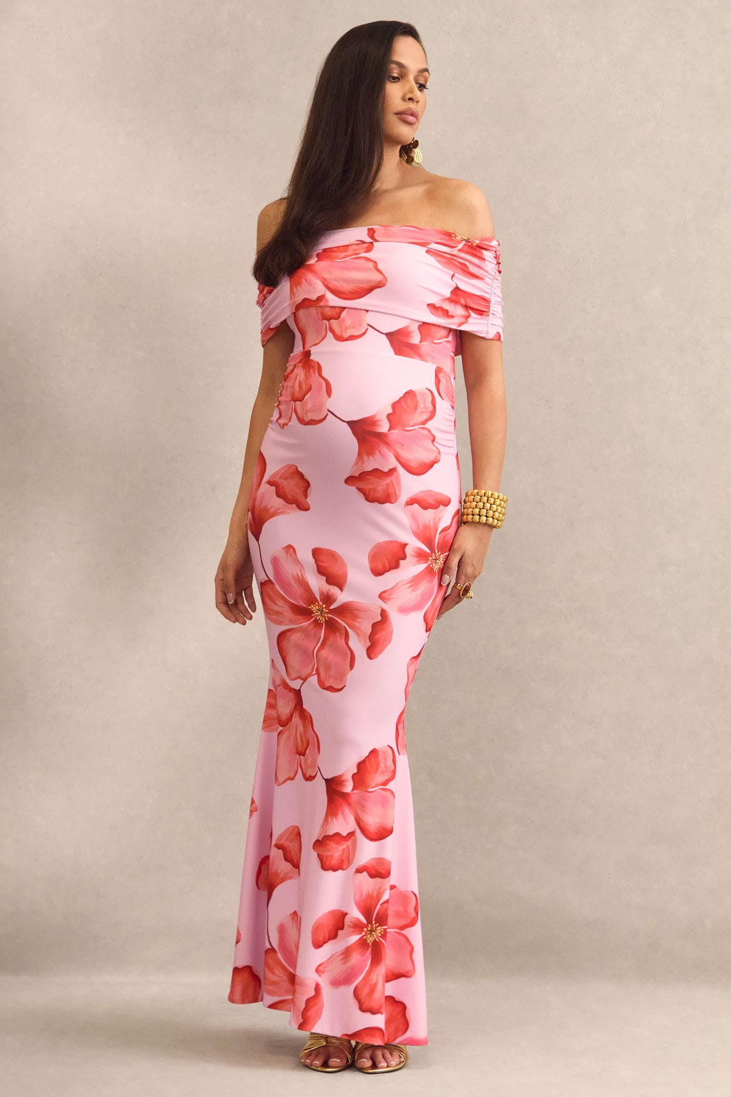 Dalisay | Pink Floral Print Bardot-Neck Maternity Maxi Dress