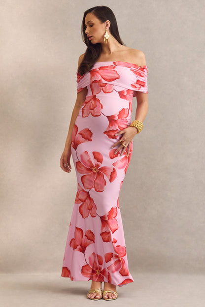 Dalisay | Pink Floral Print Bardot-Neck Maternity Maxi Dress