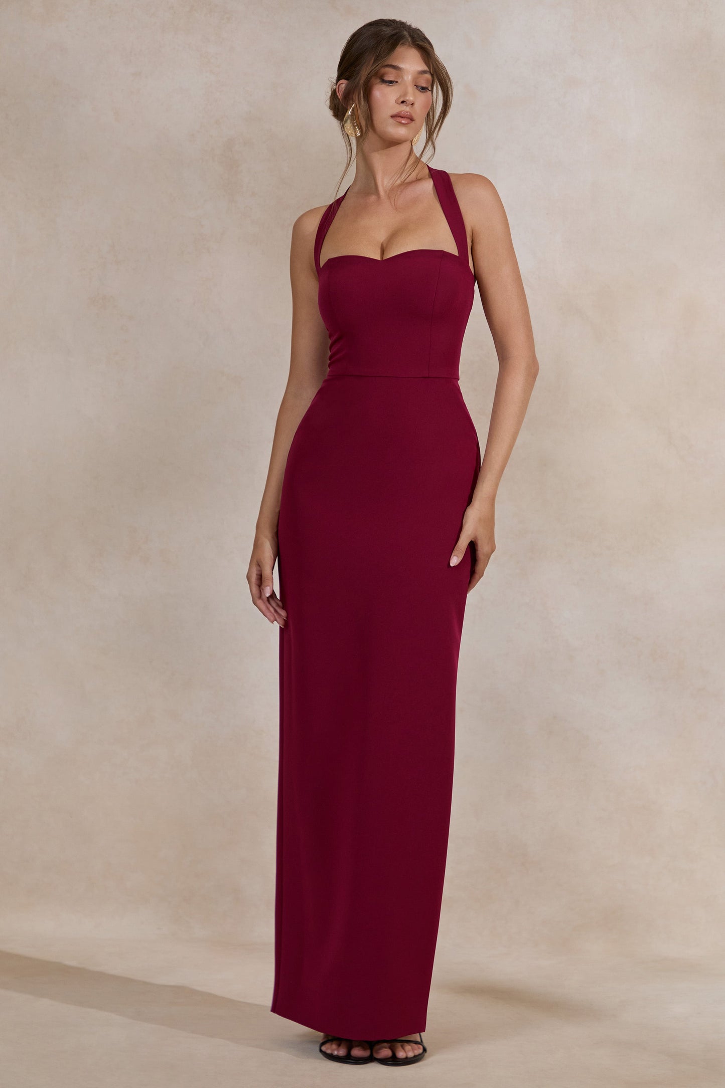 Heloira | Burgundy Sweetheart-Neck Maxi Dress