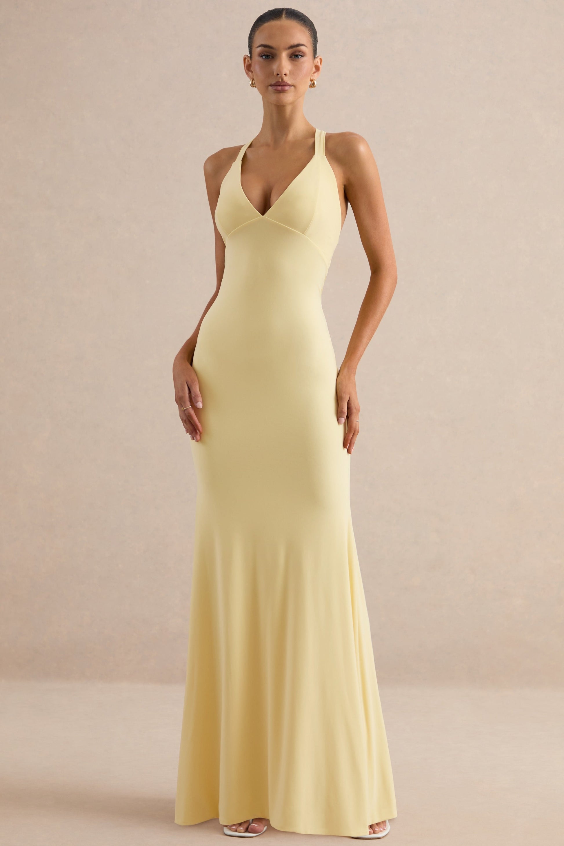Goldiea | Lemon Halter-Neck Fishtail Maxi Dress