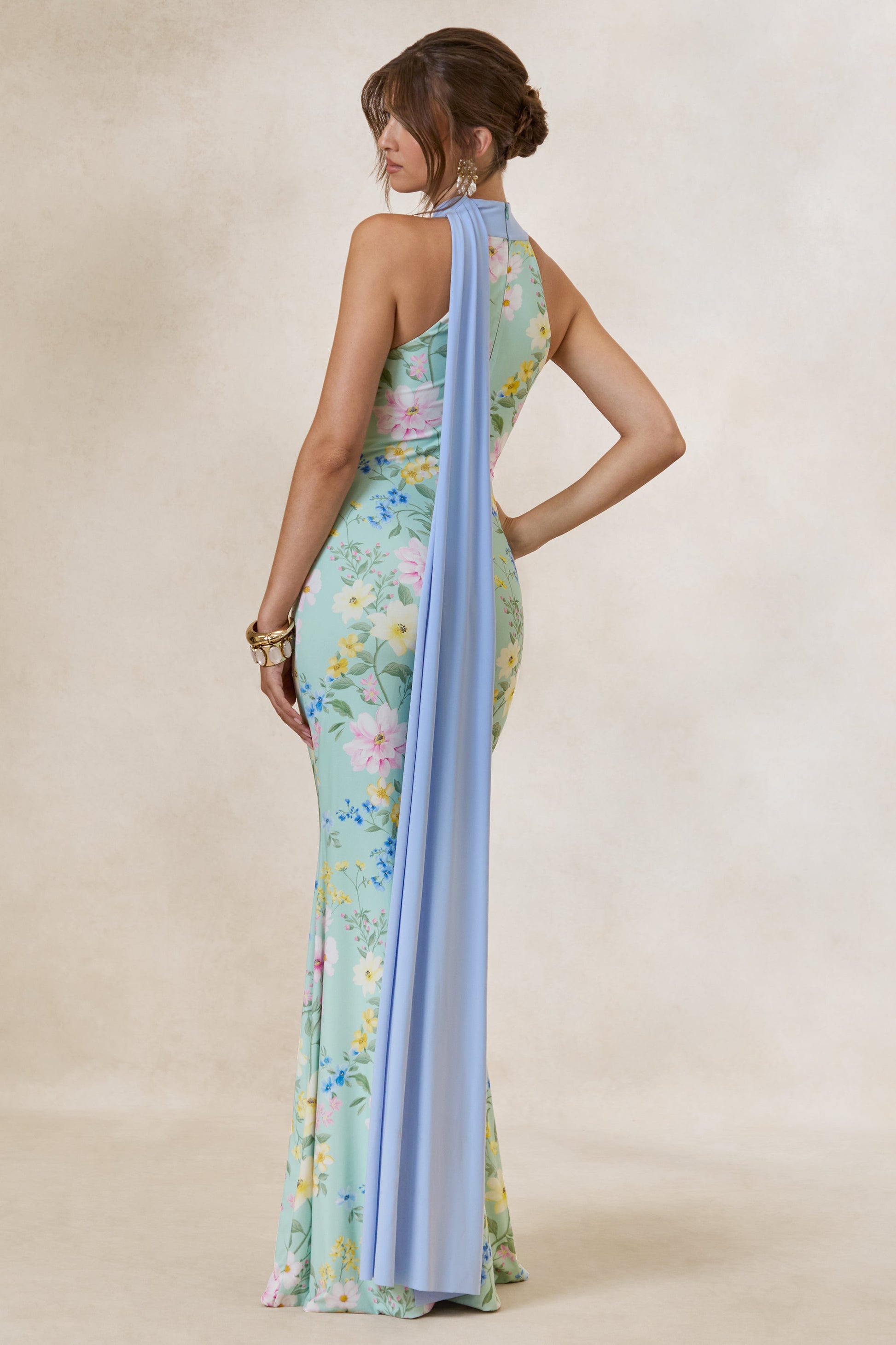 Inarah | Mint Floral Print High-Neck Maxi Dress With Scarf Detail
