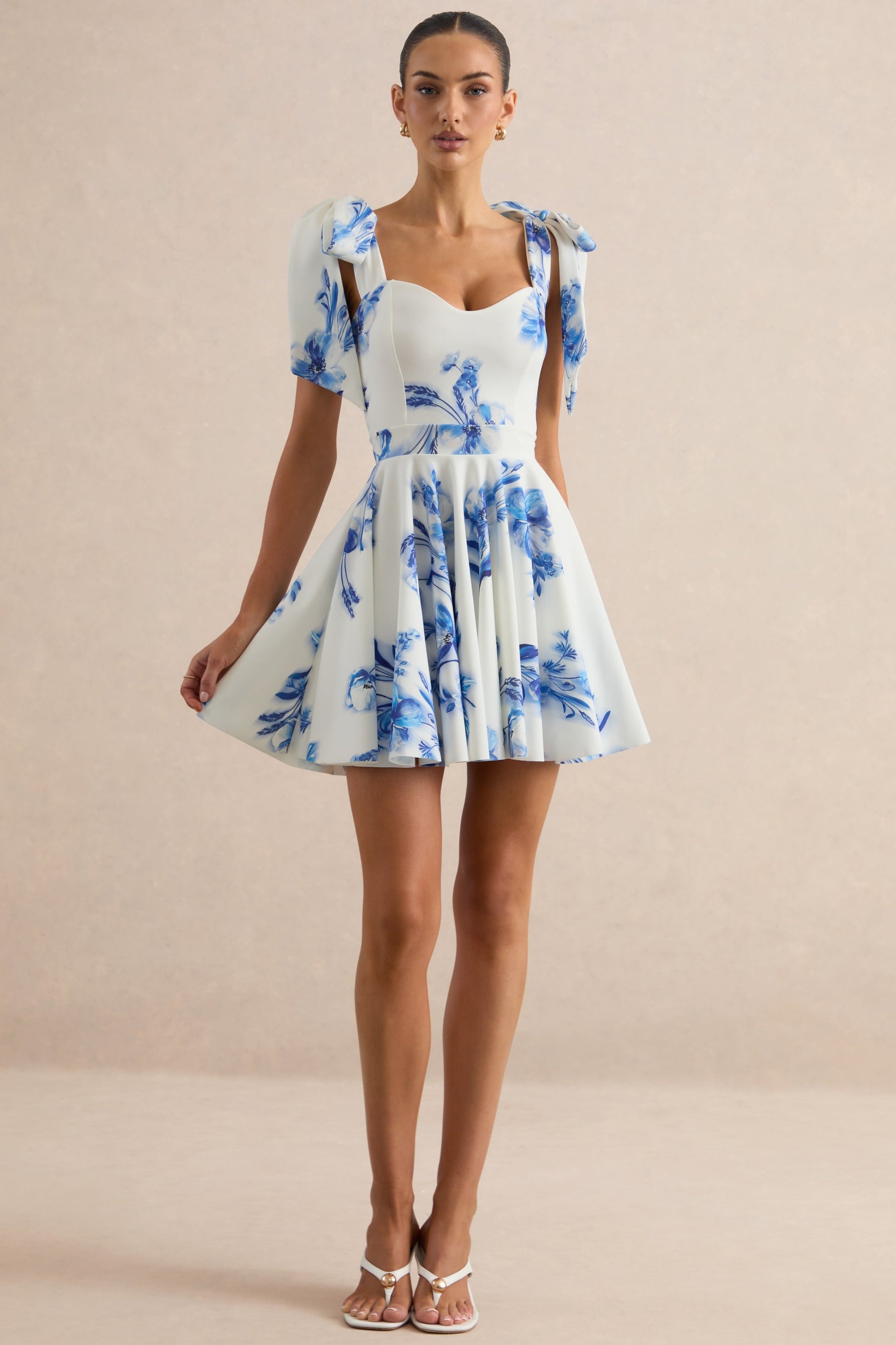 Ismeray | Blue Floral Print Sweetheart-Neck Skater Mini Dress