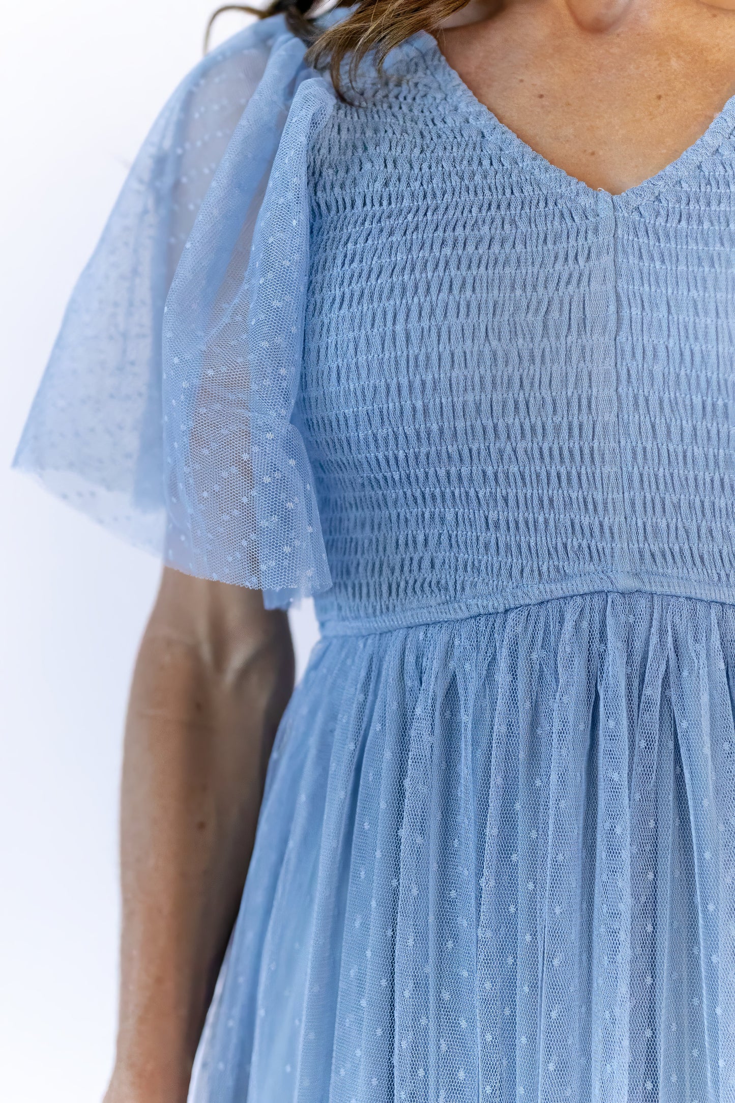 Celia Ruffled Mesh Dress · Dusty Blue