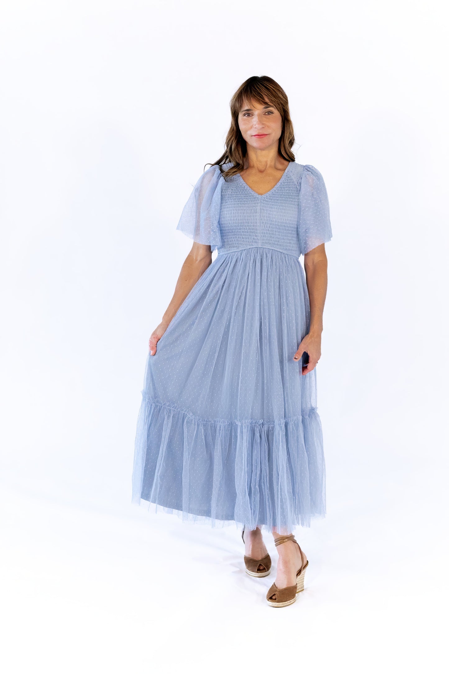 Celia Ruffled Mesh Dress · Dusty Blue