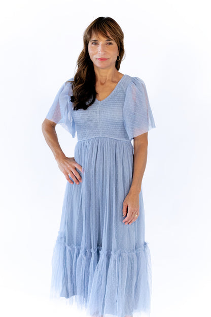 Celia Ruffled Mesh Dress · Dusty Blue