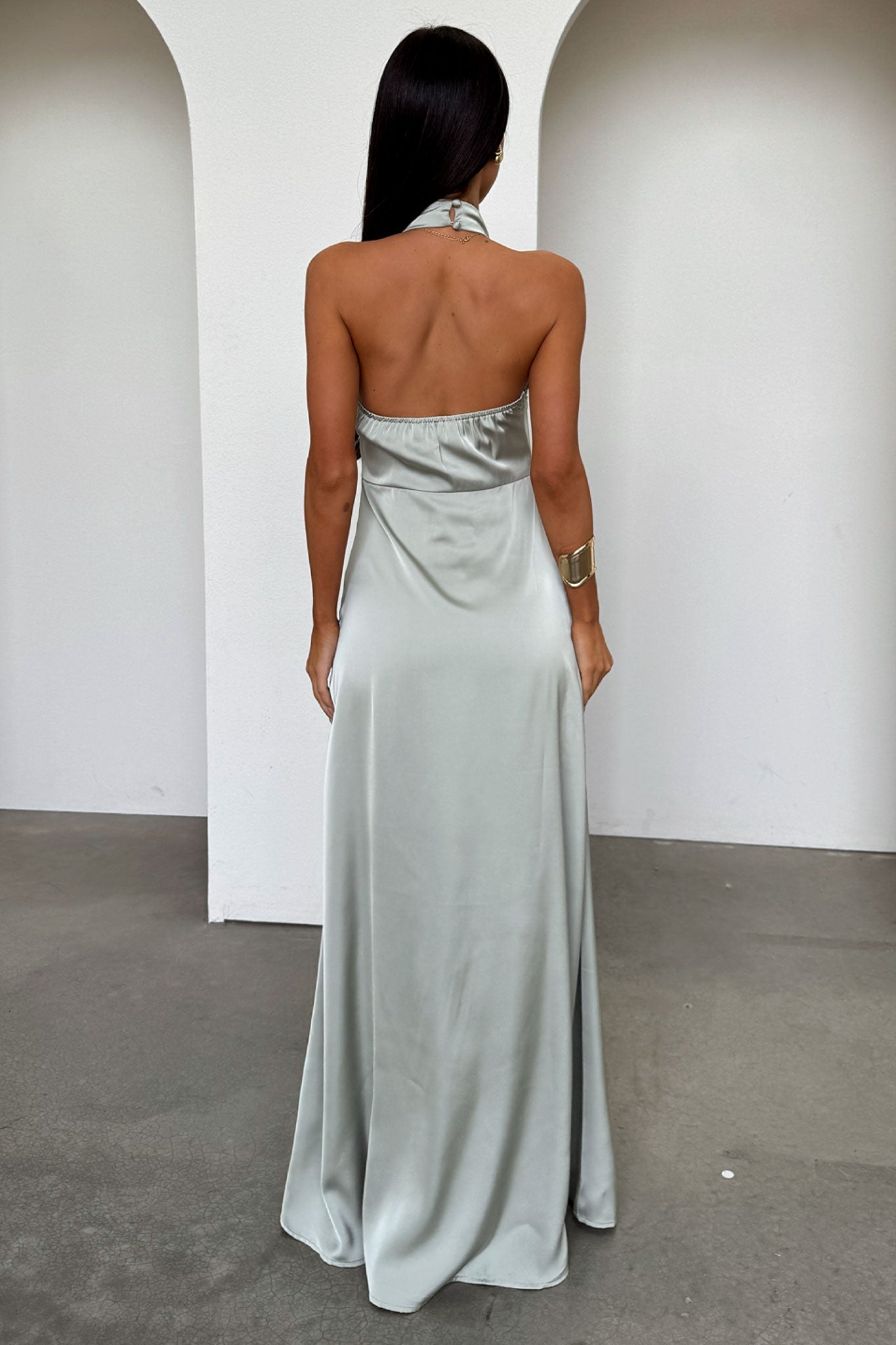 Arabelle High Neck Satin Maxi Dress - Sage