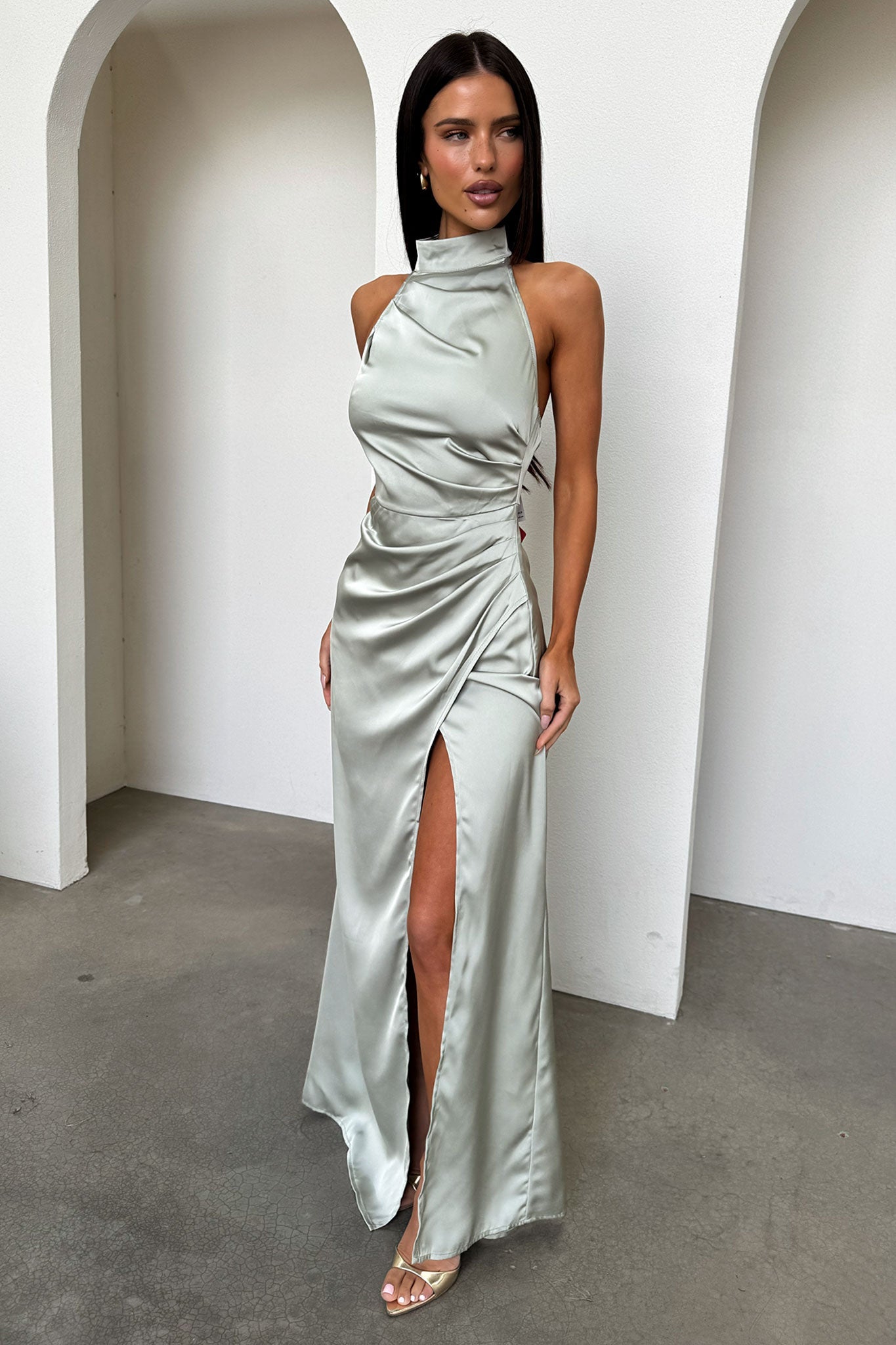 Arabelle High Neck Satin Maxi Dress - Sage