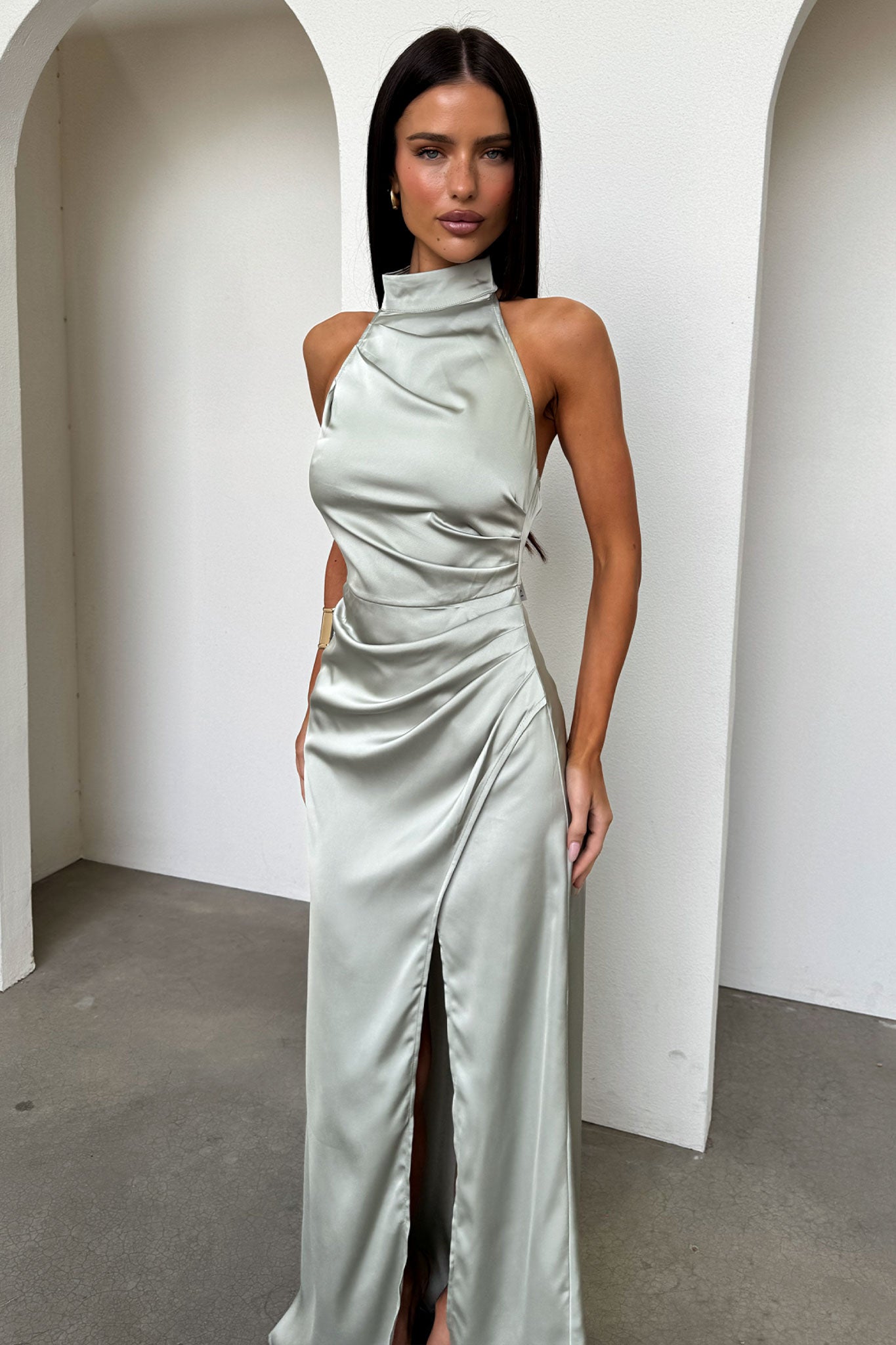 Arabelle High Neck Satin Maxi Dress - Sage