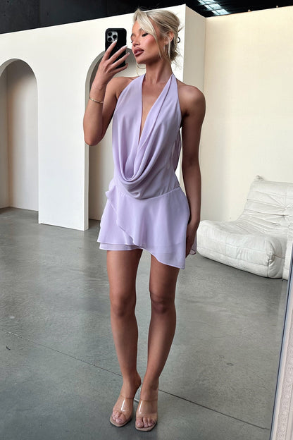 Cleo Plunge Cowl Neck Mini Dress - Lilac