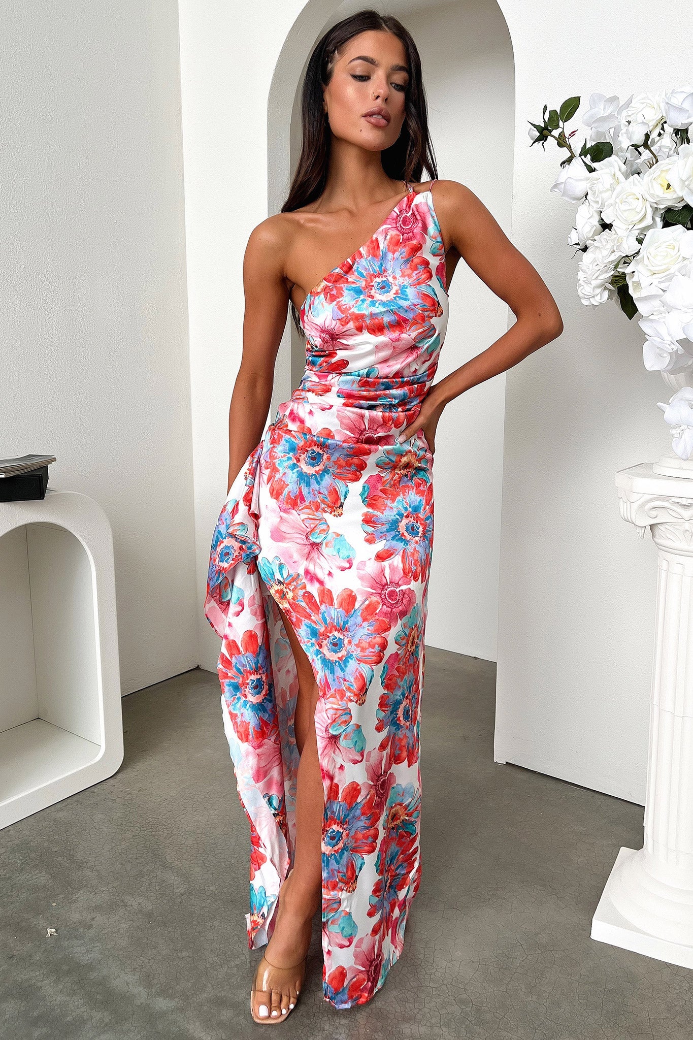 Elianna One Shoulder Satin Maxi Dress - Pink Floral