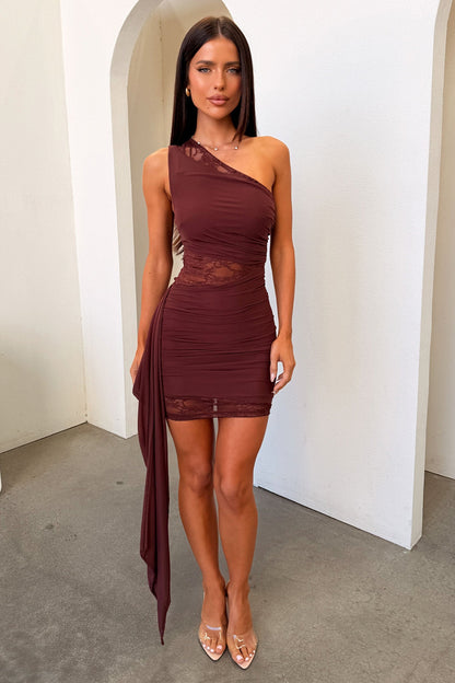 Emika One Shoulder Mini Dress - Brown