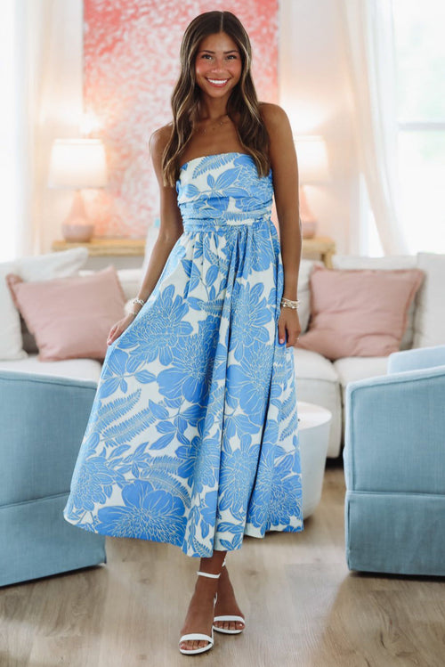 Tropical Paradise Midi Dress - Blue and White