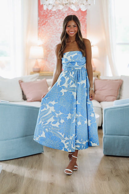 Tropical Paradise Midi Dress - Blue and White