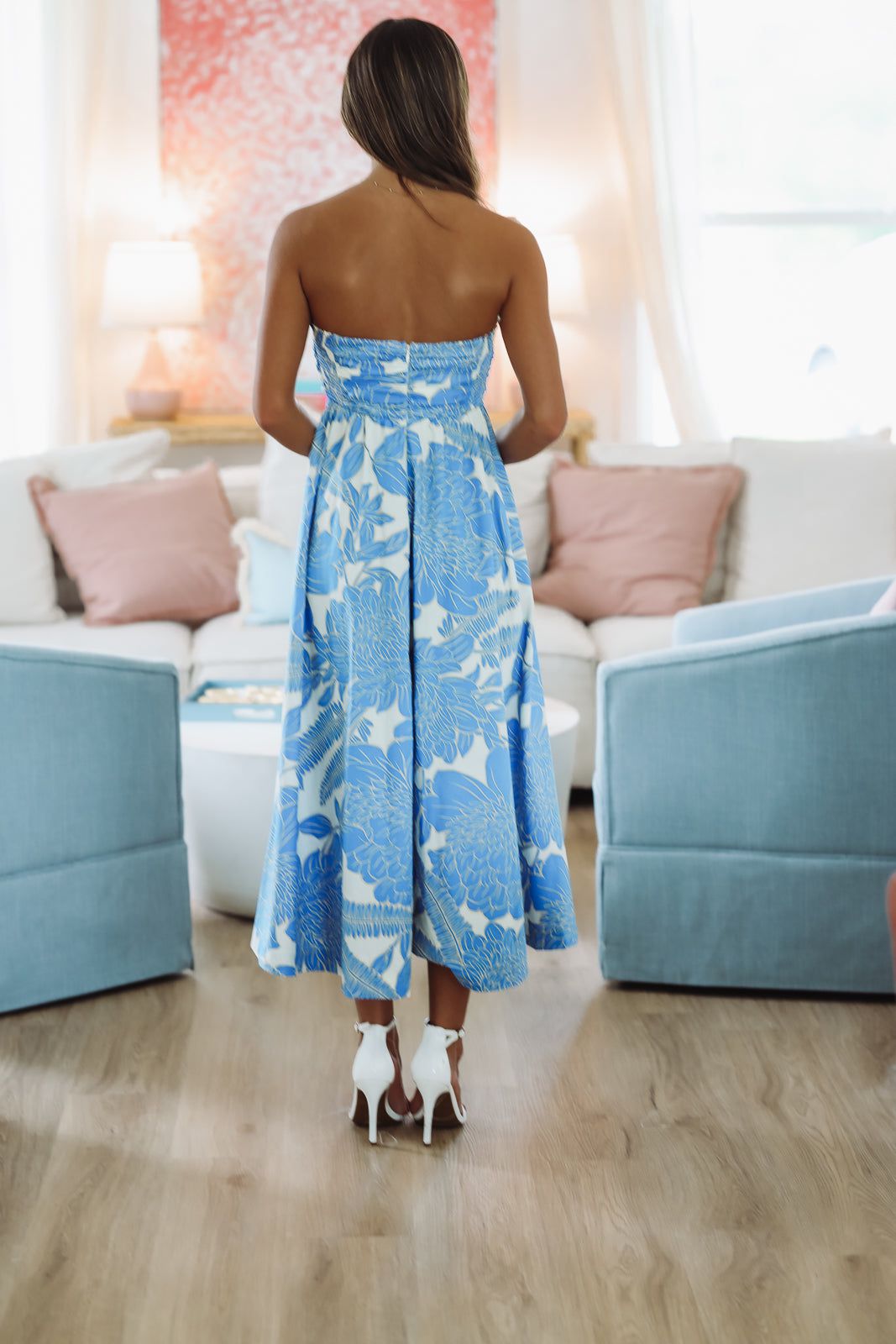 Tropical Paradise Midi Dress - Blue and White