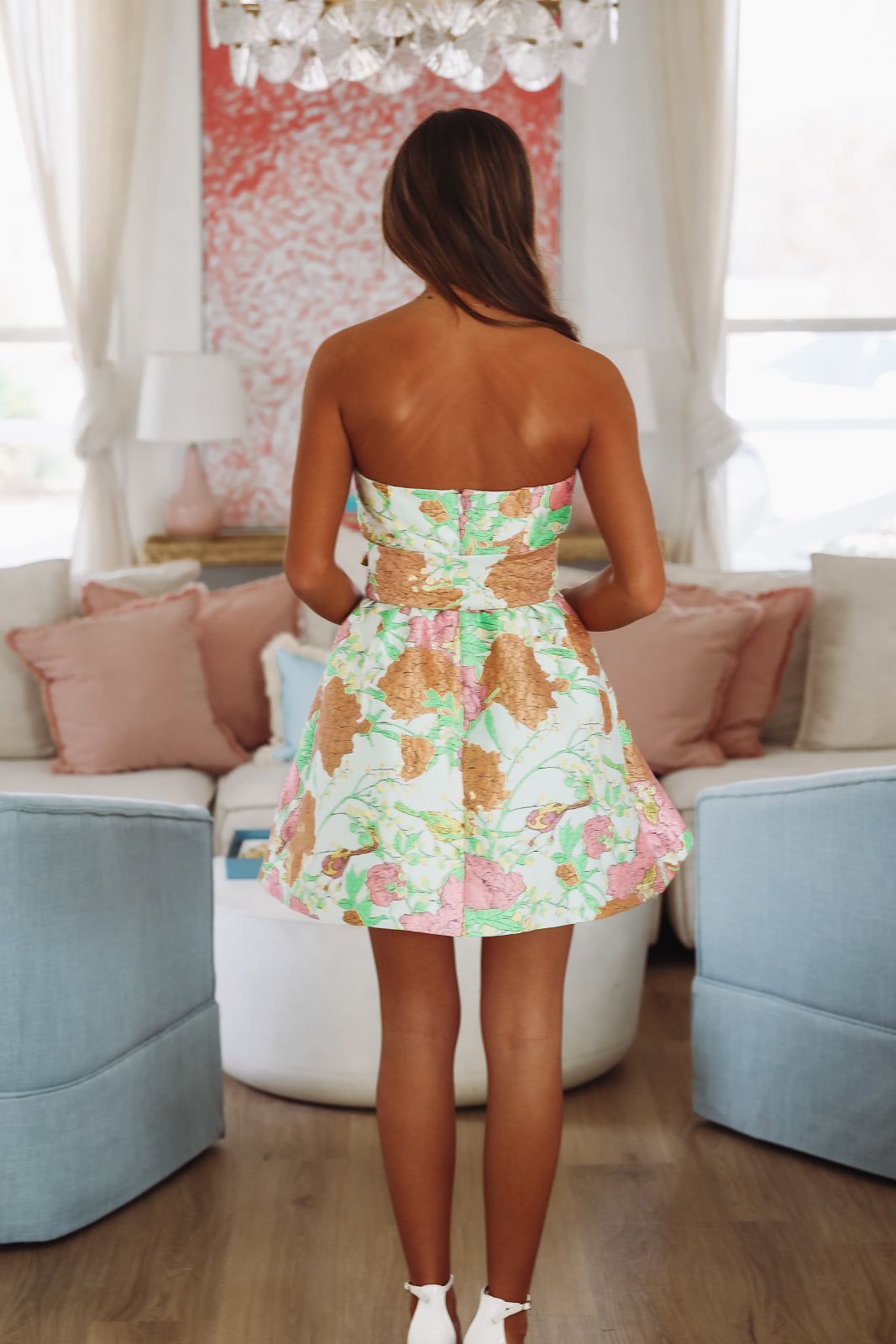 Victorian Garden Mini Dress - Light Sage, Pink and Orange