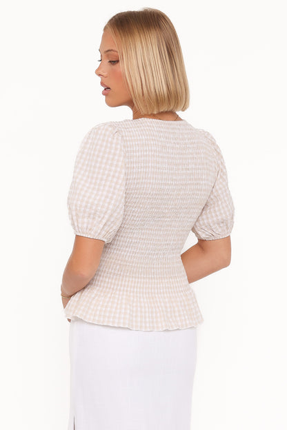 Callista Shirred Waist Top - Beige Gingham