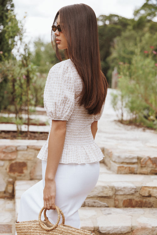 Callista Shirred Waist Top - Beige Gingham