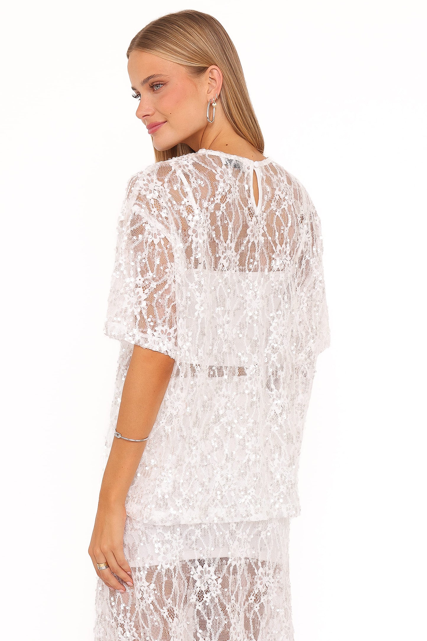 Yonder Sheer Lace Tee Top - White
