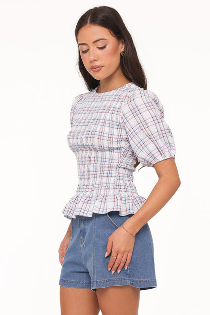 Callista Shirred Waist Top - Light Blue Plaid