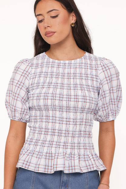 Callista Shirred Waist Top - Light Blue Plaid