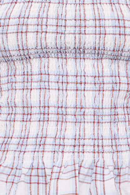 Callista Shirred Waist Top - Light Blue Plaid
