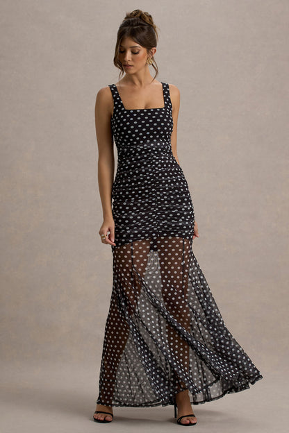 Galaxia | Black & White Polka Dot Maxi Dress With Mesh Skirt