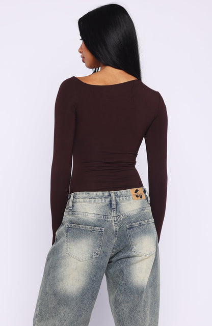 Double Down Long Sleeve Bodysuit Dark Chocolate