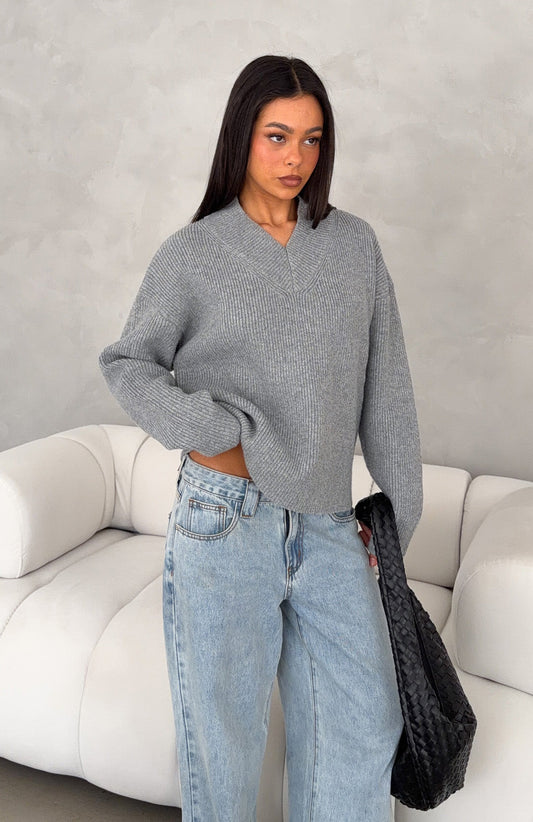 Luzia V Neck Knit Sweater Grey